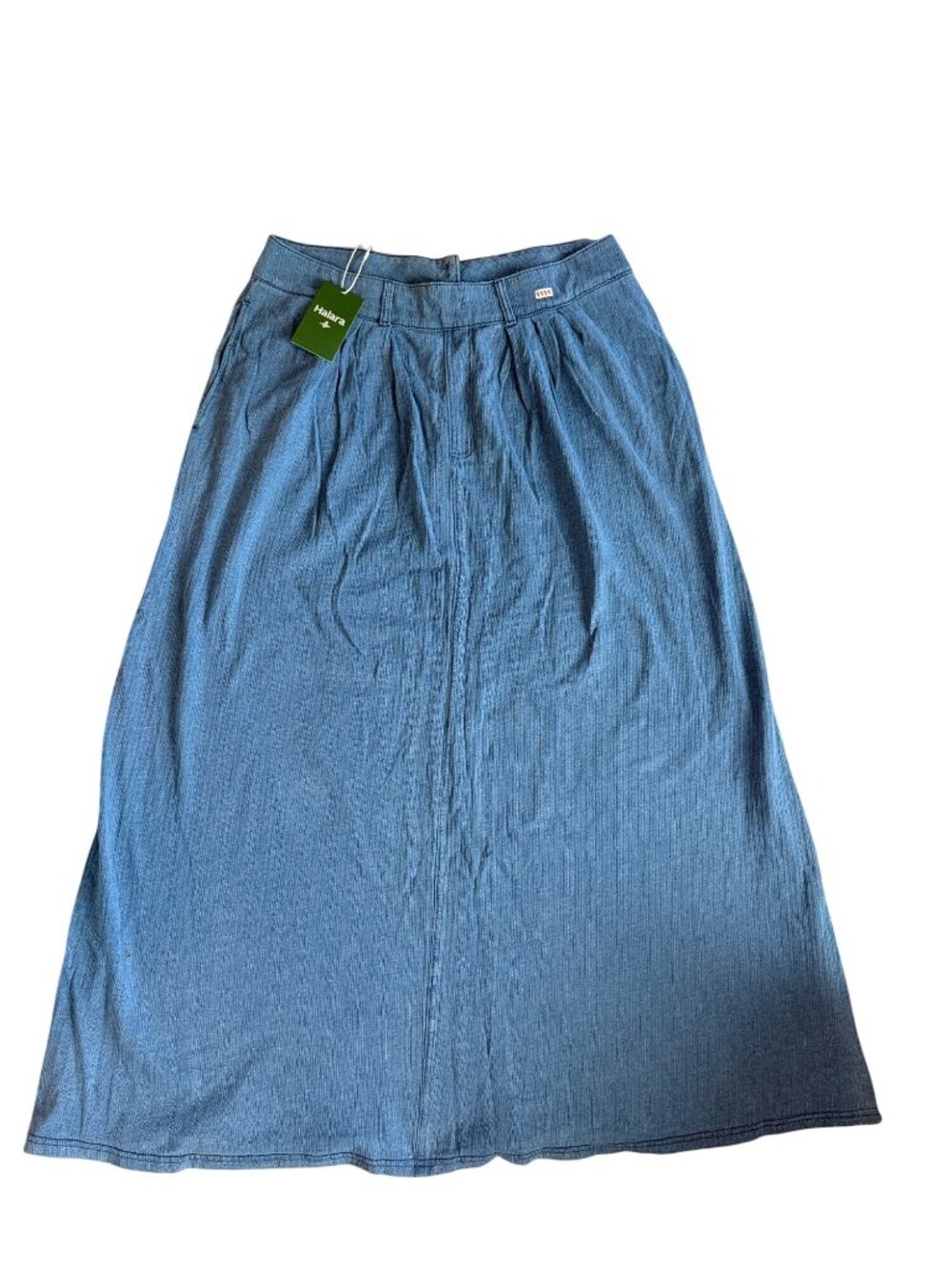 Halara XL Womens Blue A-Line Midi Skirt With Pleated Front Back Pockets & Elasti
